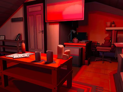 Cartoon Style Attic Room With Red Toned Wooden Table Candles Books And Computer Chair 3d model