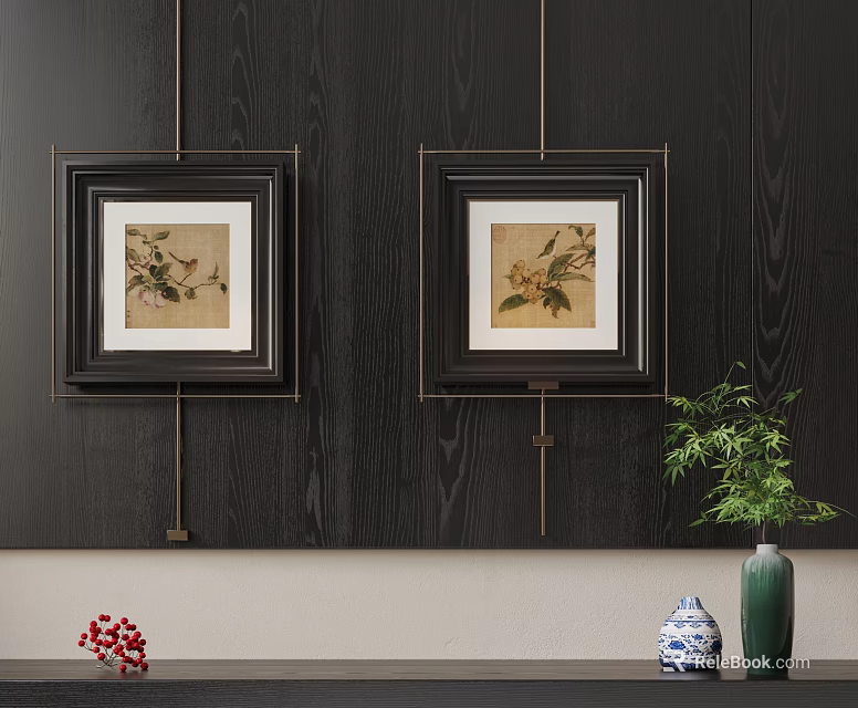 Dark Wooden Wall Decor With Two Framed Floral Bird Paintings Green Vase Plant And Porcelain 3d model