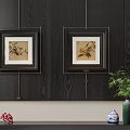 Dark Wooden Wall Decor With Two Framed Floral Bird Paintings Green Vase Plant And Porcelain 3d model