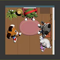 Playful Frog Fox and Cat Sitting in Cozy Room with Plant Window Bookshelf and Furniture