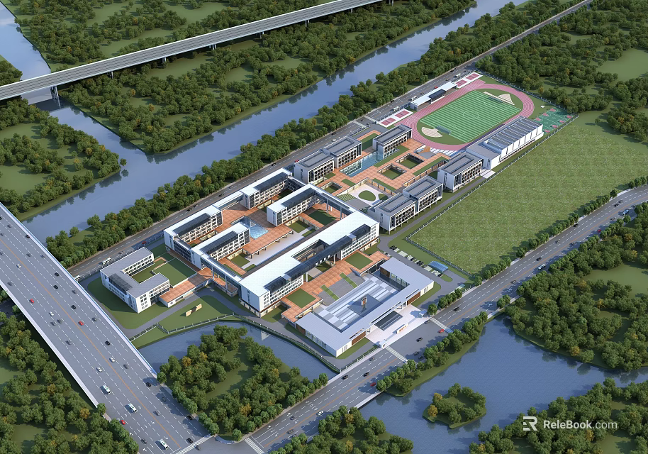 Modern School Building Complex Surrounded By Rivers Green Areas Sports Field Near Road And Bridge 3d model 