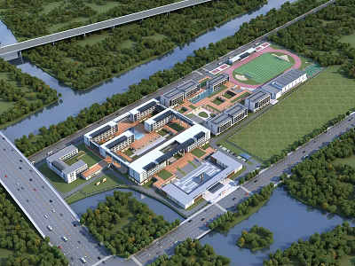 Modern School Building Complex Surrounded By Rivers Green Areas Sports Field Near Road And Bridge 3d model