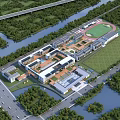 Modern School Building Complex Surrounded By Rivers Green Areas Sports Field Near Road And Bridge