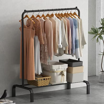 Hanging Clothes on Black Rack with Various Styles Storage Boxes Woven Basket and Potted Plant 3d model