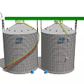 Two Silver Cylindrical Industrial Storage Tanks With Green Overhead Beam Mesh Structure And Colored Pipes
