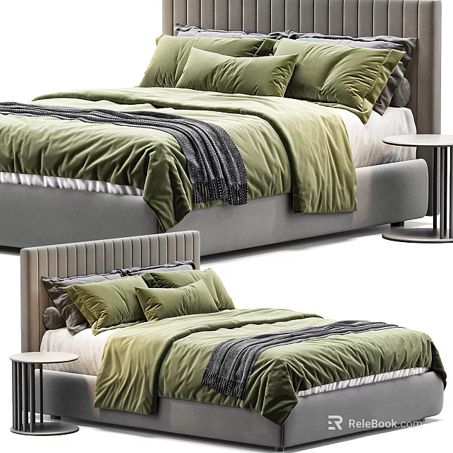 Modern Double Bed With Green Bedding Gray Headboard And Side Table 3d model