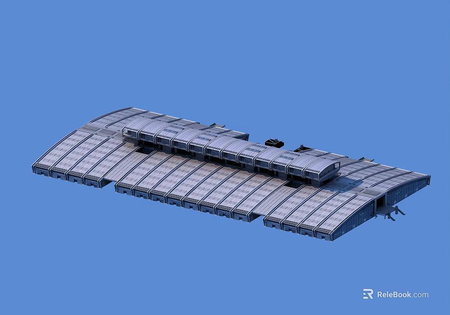 Large Gray Commercial Building Structure With Multiple Roofs And Modern Design 3d model