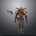 Mechanical Character With Red Hat Silver Armor Holding Gun In Standing Pose
