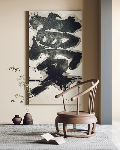 Traditional Oriental Interior Decor With Ink Painting Wooden Chair Plant And Ceramic Vases 3d model