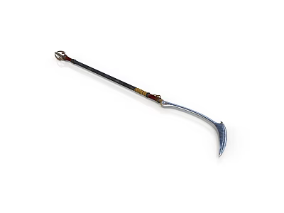 Traditional Long Handled Scythe Weapon with Metal Blade and Decorative Golden Brown Handle 3d model