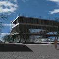 Modern Commercial Complex With Contemporary Architectural Design Glass Curtain Walls Surrounding Trees Pedestrian Plaza Area