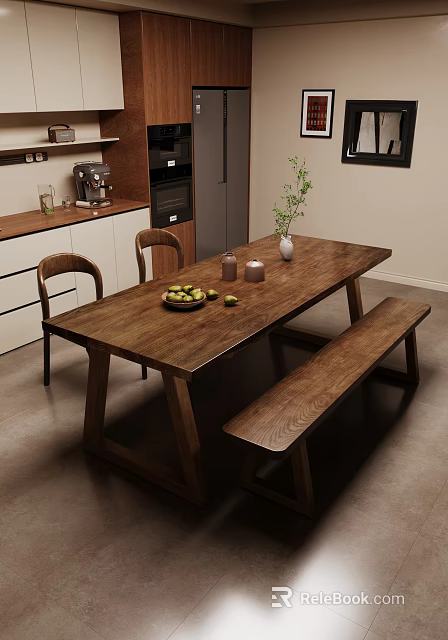 Natural Solid Wood Dining Table Set With Chairs And Bench For Cozy Home Dining Area 3d model 