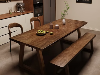 Natural Solid Wood Dining Table Set With Chairs And Bench For Cozy Home Dining Area 3d model