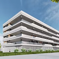 Modern School Building With Glass Facade Open Campus Courtyard Green Plants Flowering Tree And Pedestrians