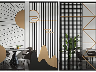 Modern Room Divider Design With Geometric Patterns Gold Accents And Indoor Plants 3d model