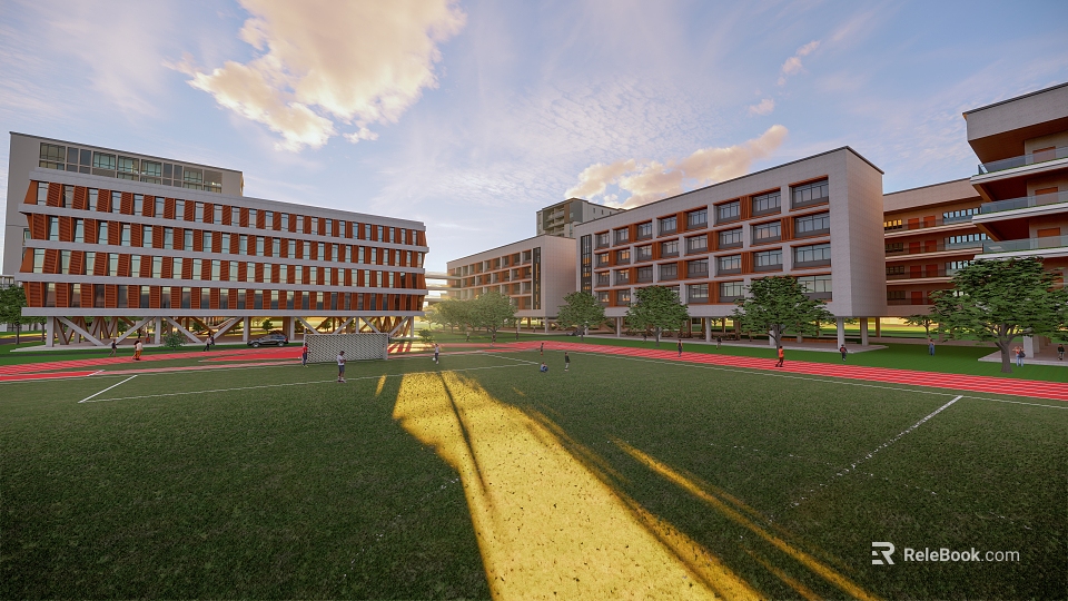Multiple Modern School Buildings Featuring Red Brick White Walls Playground Green Lawn And Trees 3d model 