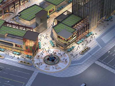 Vibrant Commercial Street With Green Rooftops Plaza Fountain Café Areas Tables Chairs And Pedestrians 3d model