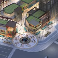 Vibrant Commercial Street With Green Rooftops Plaza Fountain Café Areas Tables Chairs And Pedestrians