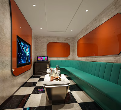 Modern KTV Lounge Interior Design With Turquoise Sofa Large TV Screen And Coffee Table 3d model