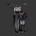 Vintage Red Motorcycle Display With Number 66 Black Seat And Stand On Gray Background