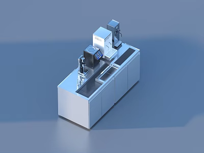 Stainless Steel Industrial Workbench With Storage Cabinets And Machine Components 3d model