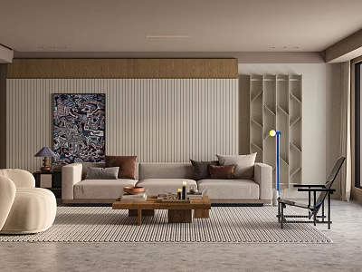 Modern Living Room Interior With Beige Sofa Colorful Painting Wooden Accent Wall And Floor Lamp 3d model