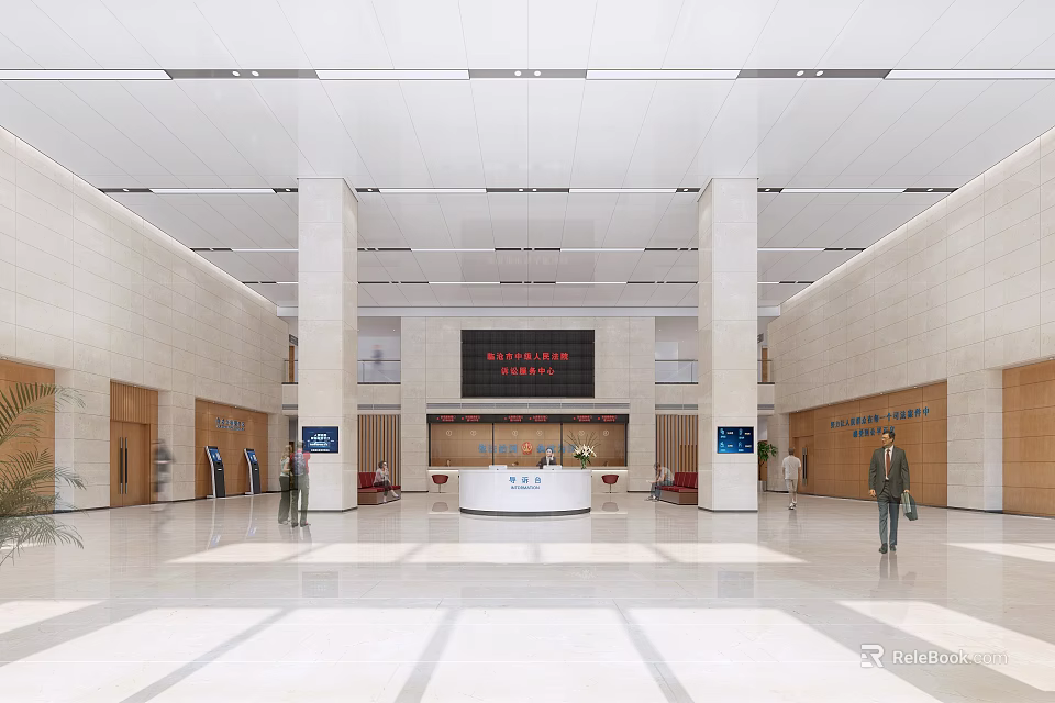 Bright Spacious Service Hall Interior With Reception Desk Digital Screens Columns And People 3d model 