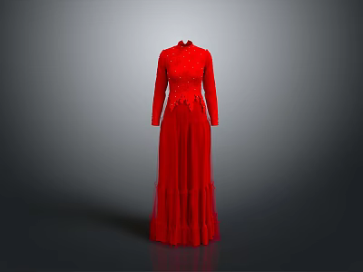 Elegant Red Long Dress With High Neck And Long Sleeves Design 3d model