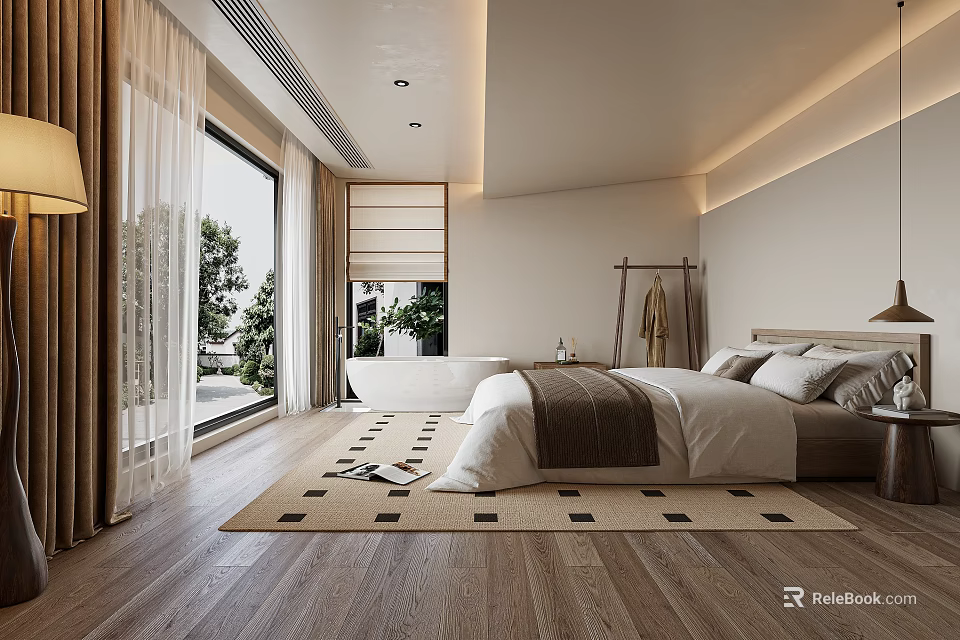 Modern Luxury Hotel Guest Room with King Bed Floor-to-Ceiling Window Bathtub Wooden Flooring Minimalist Design 3d model 