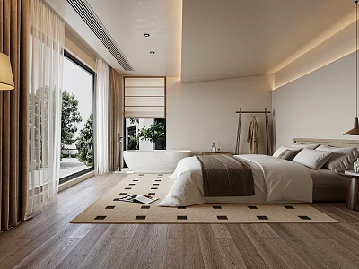 Modern Luxury Hotel Guest Room with King Bed Floor-to-Ceiling Window Bathtub Wooden Flooring Minimalist Design 3d model