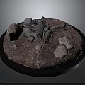 Vintage Military Cannon Model Placed on Circular Base with Decorative Rocks