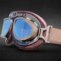 Vintage Aviator Goggles With Leather Strap Metal Frame And Blue Lenses