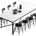Modern White Dining Table Set with Black High Chairs and Tableware 3d model