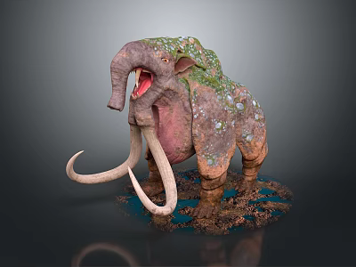 Giant Mammoth 3D Creature With Moss Dirt Covered Body Long Tusks And Open Mouth 3d model