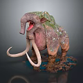 Giant Mammoth 3D Creature With Moss Dirt Covered Body Long Tusks And Open Mouth
