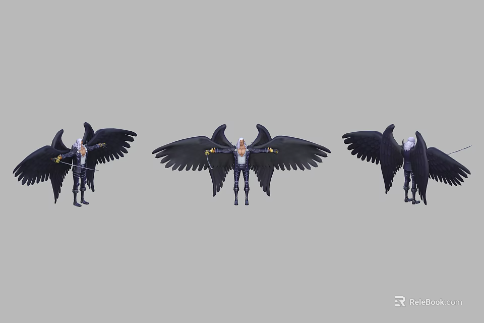 Game Movie Character With Black Spread Wings White Hair and Armor in Dynamic Action Poses 3d model 