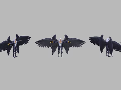 Game Movie Character With Black Spread Wings White Hair and Armor in Dynamic Action Poses 3d model