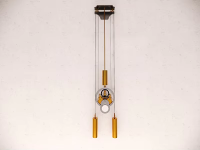 Wall mounted mechanical clock with metal chains golden cylinders and gears on white wall 3d model