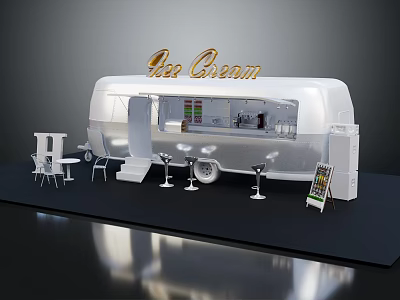Ice Cream Trailer With White Exterior Tables Chairs Bar Stools And Menu Board 3d model