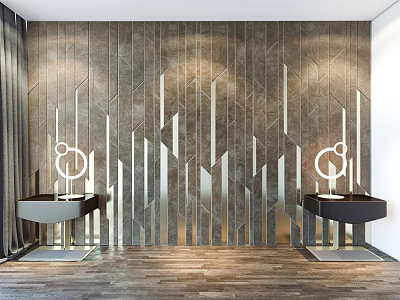 Modern Bedroom Accent Wall With Geometric Panels And Nightstands 3d model
