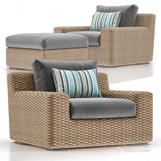 Comfortable Wicker Outdoor Sofa with Soft Gray Cushions and Striped Pillows 3d model 