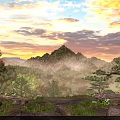 Stunning Sunset Landscape With Misty Mountains Green Trees And Colorful Clouds