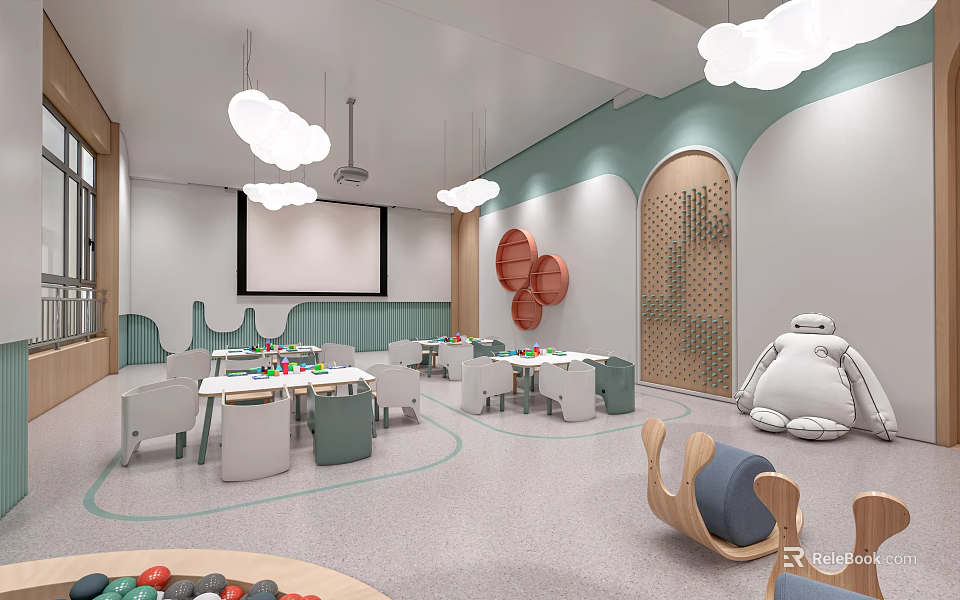 Modern Kindergarten Classroom With Cloud Shaped Lights Projector Screen And Colorful Decorations 3d model