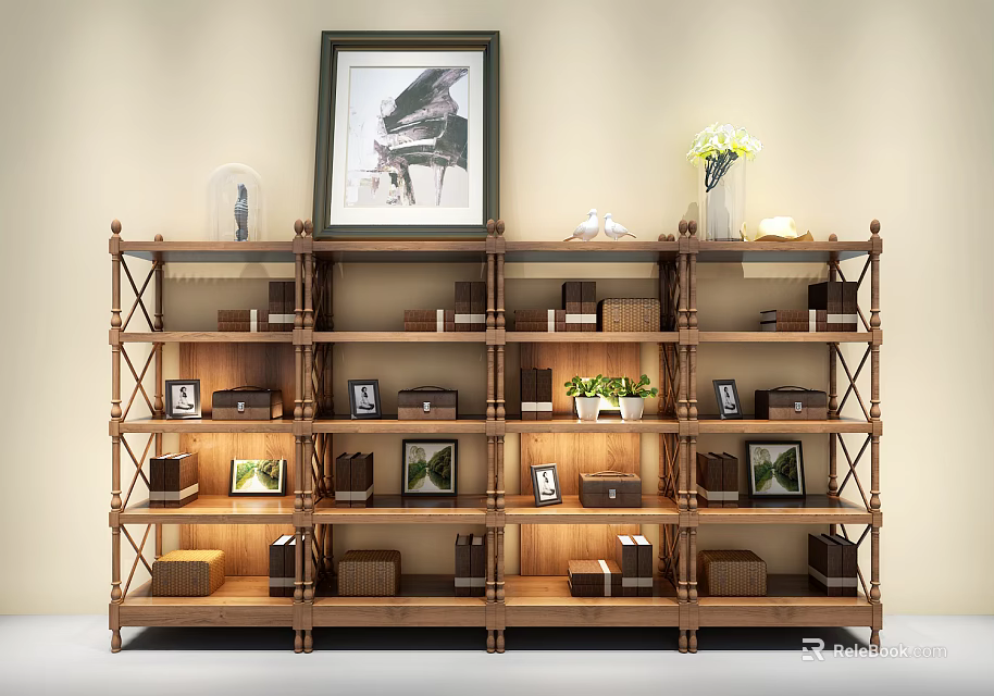 Wooden Bookshelf With Multiple Shelves Books Photo Frames Small Plants And Decorative Items 3d model 