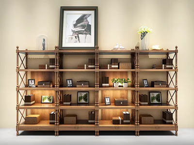 Wooden Bookshelf With Multiple Shelves Books Photo Frames Small Plants And Decorative Items 3d model