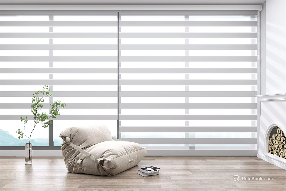 Modern Window Blinds Interior With Beige Sofa Green Plant And Wooden Floor 3d model 