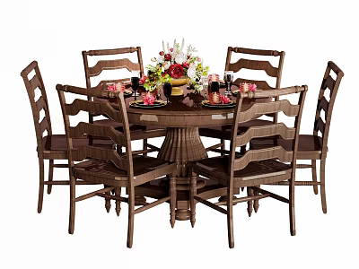 Classic Wooden Dining Table Set With Six Chairs And Flower Centerpiece 3d model