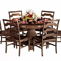 Classic Wooden Dining Table Set With Six Chairs And Flower Centerpiece