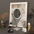 Round Vanity Mirror with LED Lights and Cosmetic Products on Table with Decorative Items