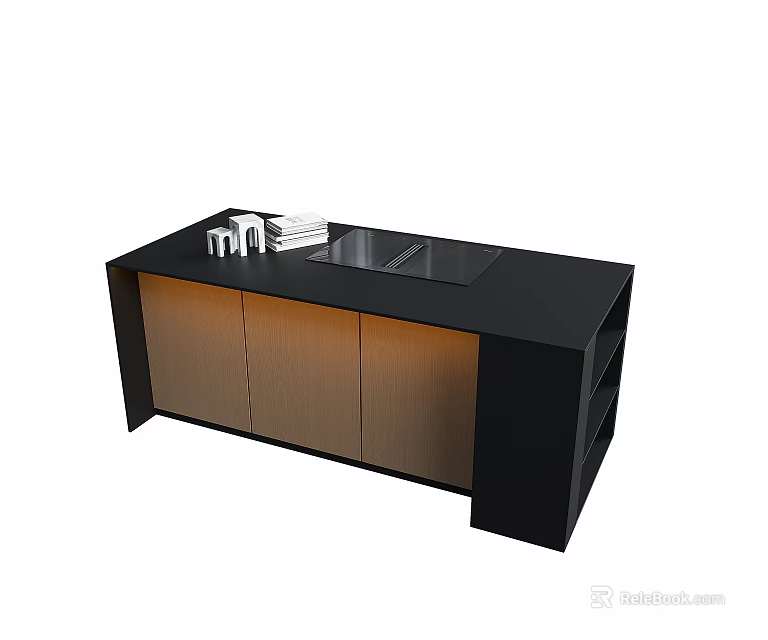 Modern Kitchen Island Design With Black Countertop And Wooden Cabinets 3d model 